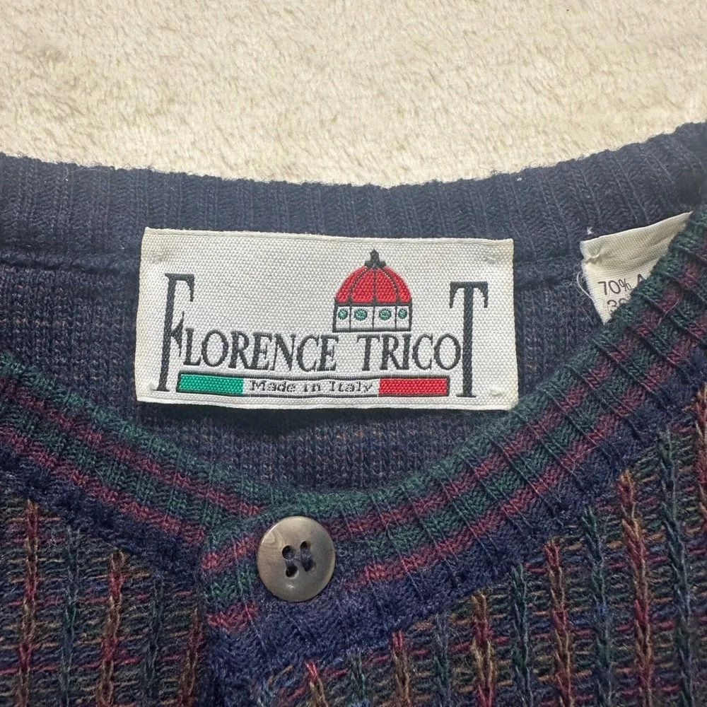 Vintage Florence Trico Italy Wool Blend Henley Sweater Navy Blue Striped Mens M
